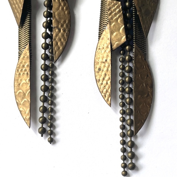 80's Mixed Metal Ball Chain Modern Brutalist Artisan Arrowhead Dangle Earrings - Picture 3 of 12